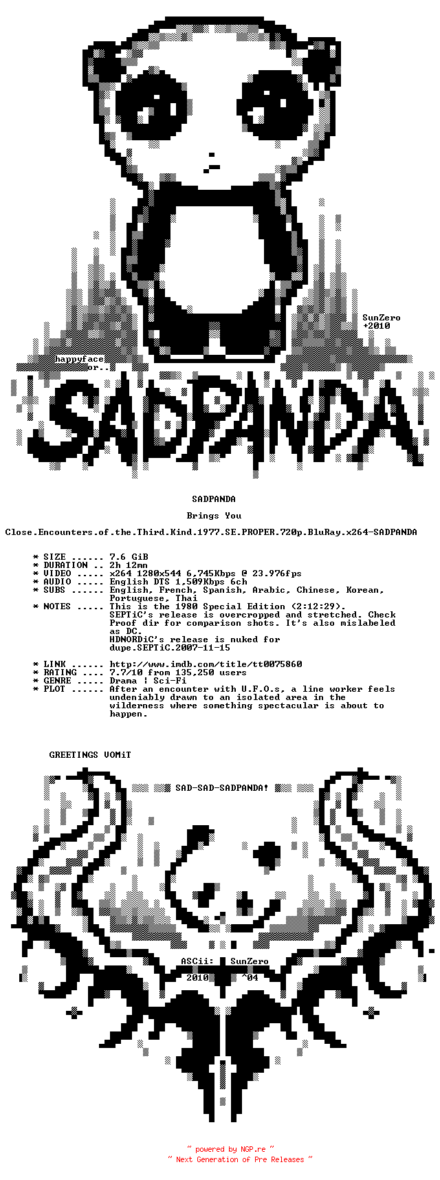 NFO for the release Close.Encounters.of.the.Third.Kind.1977.SE.PROPER.720p.BluRay.x264-SADPANDA by SADPANDA