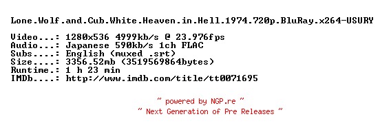 NFO for the release Lone.Wolf.and.Cub.White.Heaven.in.Hell.1974.720p.BluRay.x264-USURY by USURY