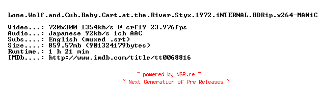 NFO for the release Lone.Wolf.and.Cub.Baby.Cart.at.the.River.Styx.1972.iNTERNAL.BDRip.x264-MANiC by MANiC