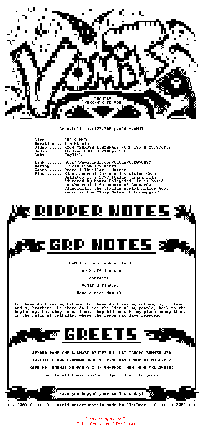 NFO for the release Gran.bollito.1977.BDRip.x264-VoMiT by VoMiT