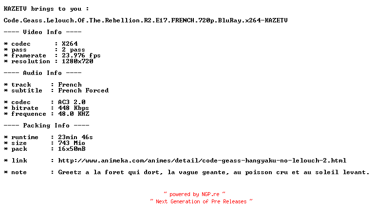 NFO for the release Code.Geass.Lelouch.Of.The.Rebellion.R2.E17.FRENCH.720p.BluRay.x264-KAZETV by KAZETV