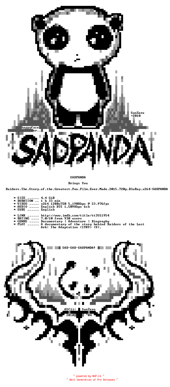 NFO for the release Raiders.The.Story.of.the.Greatest.Fan.Film.Ever.Made.2015.720p.BluRay.x264-SADPANDA by SADPANDA