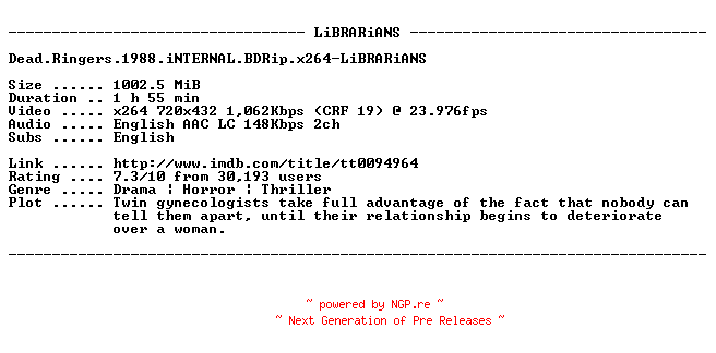 NFO for the release Dead.Ringers.1988.iNTERNAL.BDRip.x264-LiBRARiANS by LiBRARiANS