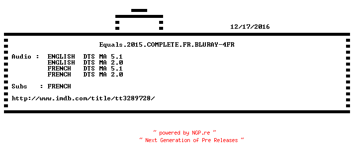 NFO for the release Equals.2015.COMPLETE.FR.BLURAY-4FR by 4FR