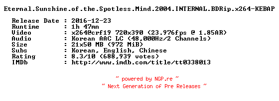 NFO for the release Eternal.Sunshine.of.the.Spotless.Mind.2004.INTERNAL.BDRip.x264-KEBAP by KEBAP