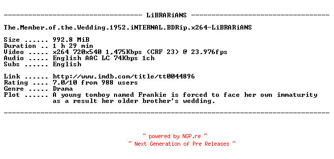 NFO for the release The.Member.of.the.Wedding.1952.iNTERNAL.BDRip.x264-LiBRARiANS by LiBRARiANS