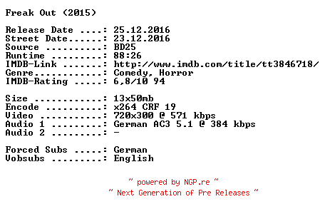 NFO for the release Freak.Out.German.2015.AC3.BDRip.x264-SPiCY by SPiCY