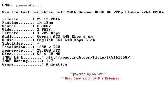 NFO for the release Sam.Ein.fast.perfekter.Held.2016.German.AC3D.DL.720p.BluRay.x264-OMGtv by OMGtv