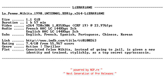NFO for the release La.Femme.Nikita.1990.iNTERNAL.BDRip.x264-LiBRARiANS by LiBRARiANS