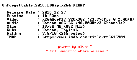 NFO for the release Unforgettable.2016.BDRip.x264-KEBAP by KEBAP