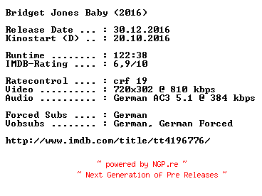 NFO for the release Bridget.Jones.Baby.German.2016.AC3.BDRip.x264-COiNCiDENCE by COiNCiDENCE