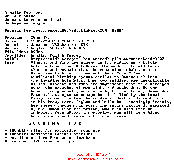 NFO for the release Ergo.Proxy.E08.720p.BluRay.x264-HAiKU by HAiKU