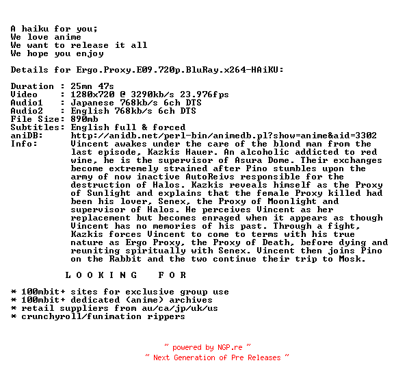NFO for the release Ergo.Proxy.E09.720p.BluRay.x264-HAiKU by HAiKU