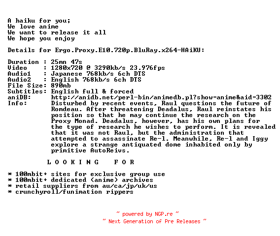 NFO for the release Ergo.Proxy.E10.720p.BluRay.x264-HAiKU by HAiKU