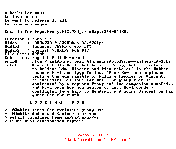 NFO for the release Ergo.Proxy.E12.720p.BluRay.x264-HAiKU by HAiKU