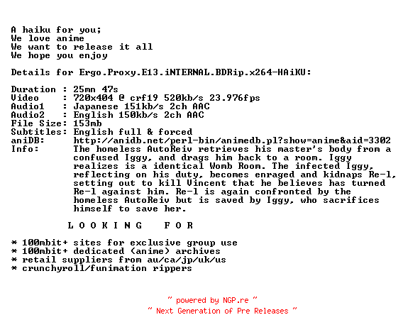 NFO for the release Ergo.Proxy.E13.iNTERNAL.BDRip.x264-HAiKU by HAiKU