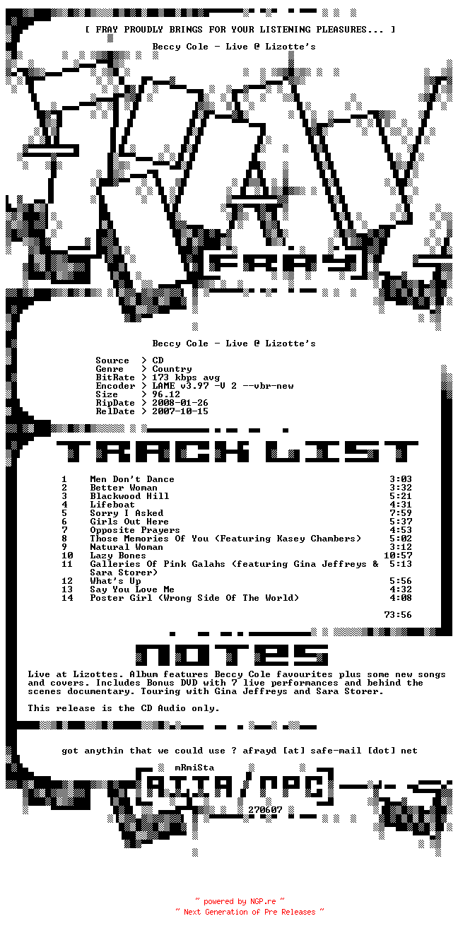 NFO for the release Beccy_Cole-Live_At_Lizottes-2007-FRAY by FRAY