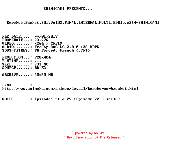 NFO for the release Kurokos.Basket.S01.Vol03.FiNAL.iNTERNAL.MULTi.BDRip.x264-SHiNiGAMi by SHiNiGAMi