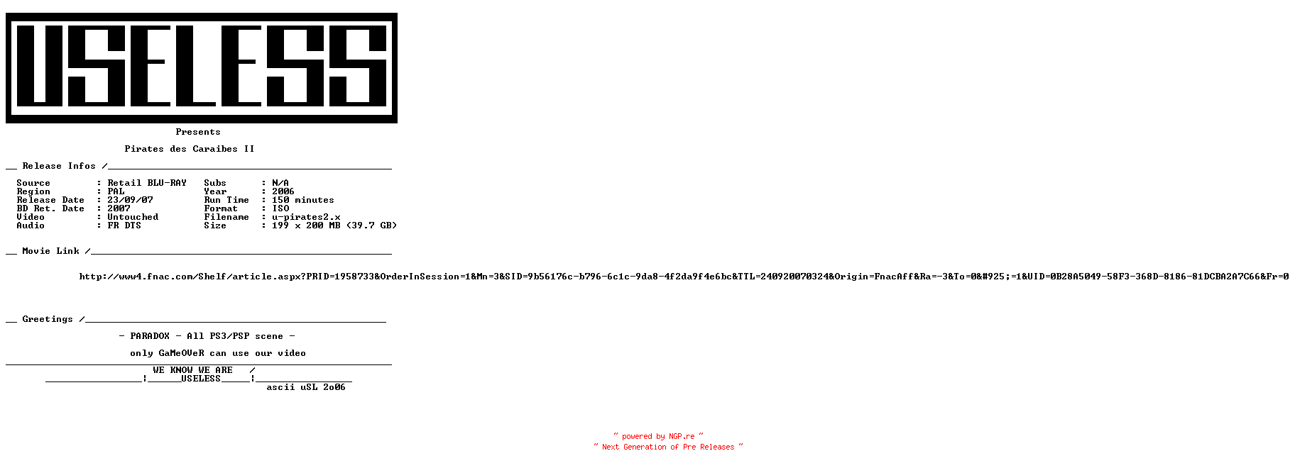 NFO for the release PIRATES.DES.CARAIBES.2.2006.PAL.MULTi.BLURAY-USELESS by USELESS