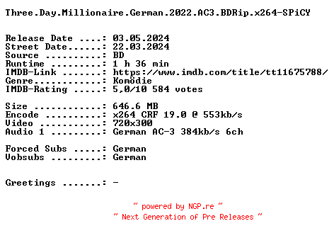 NFO for the release Three.Day.Millionaire.German.2022.AC3.BDRip.x264-SPiCY by SPiCY