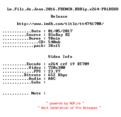 NFO for the release Le.Fils.de.Jean.2016.FRENCH.BDRip.x264-PRiDEHD by PRiDEHD