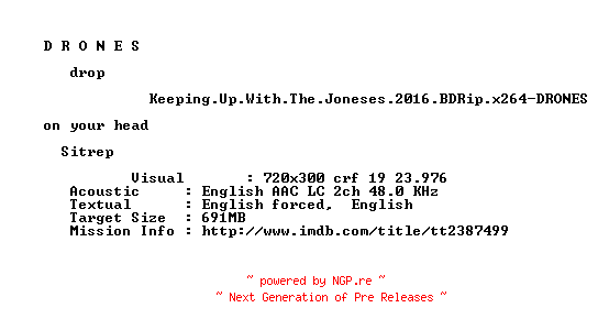 NFO for the release Keeping.Up.With.The.Joneses.2016.BDRip.x264-DRONES by DRONES