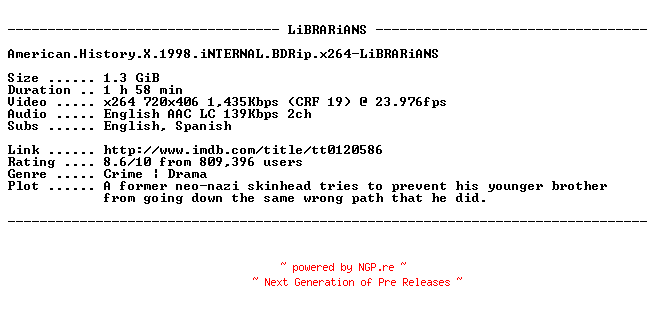 NFO for the release American.History.X.1998.iNTERNAL.BDRip.x264-LiBRARiANS by LiBRARiANS