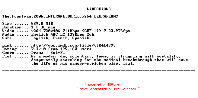 NFO for the release The.Fountain.2006.iNTERNAL.BDRip.x264-LiBRARiANS by LiBRARiANS