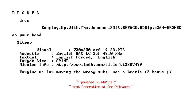 NFO for the release Keeping.Up.With.The.Joneses.2016.REPACK.BDRip.x264-DRONES by DRONES