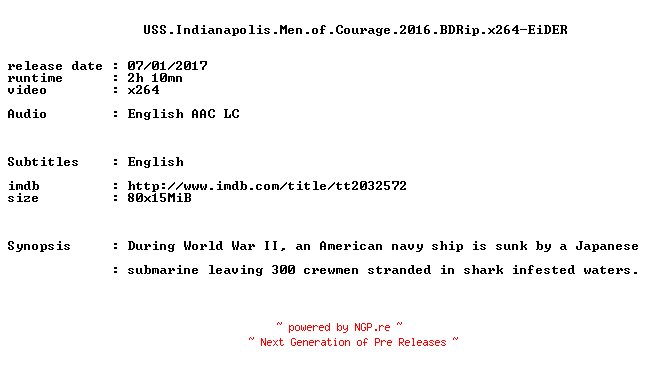 NFO for the release USS.Indianapolis.Men.of.Courage.2016.BDRip.x264-EiDER by EiDER