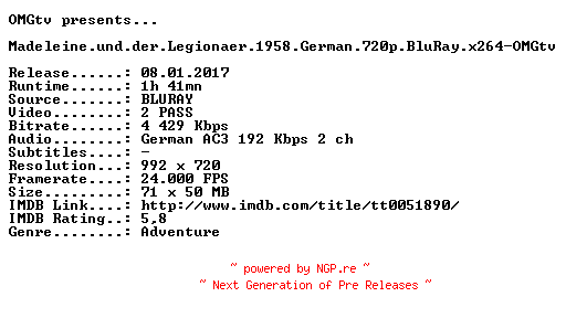 NFO for the release Madeleine.und.der.Legionaer.1958.German.720p.BluRay.x264-OMGtv by OMGtv