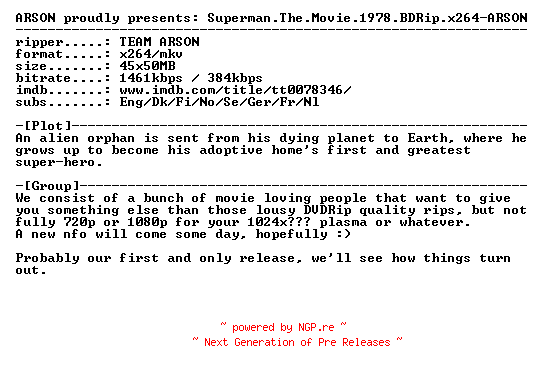 NFO for the release Superman.The.Movie.1978.BDRip.x264-ARSON by ARSON
