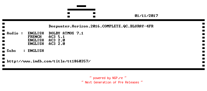 NFO for the release Deepwater.Horizon.2016.COMPLETE.QC.BLURAY-4FR by 4FR