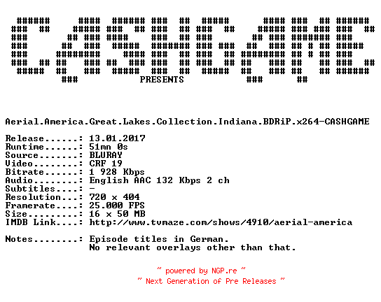 NFO for the release Aerial.America.Great.Lakes.Collection.Indiana.BDRiP.x264-CASHGAME by CASHGAME