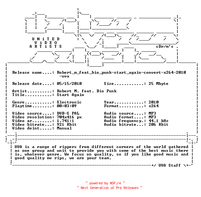 NFO for the release Robert_m_feat_bio_punk-start_again-convert-x264-2010-uva by uva