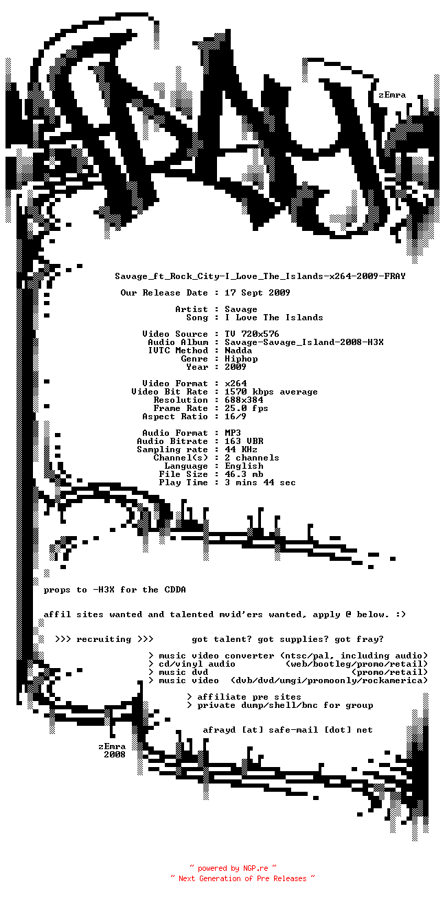 NFO for the release Savage_ft_Rock_City-I_Love_The_Islands-x264-2009-FRAY by FRAY