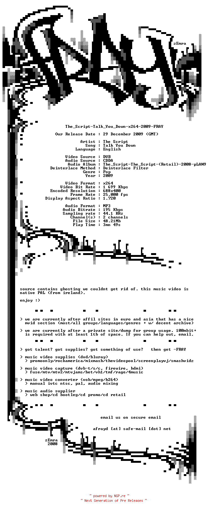NFO for the release The_Script-Talk_You_Down-x264-2009-FRAY by FRAY