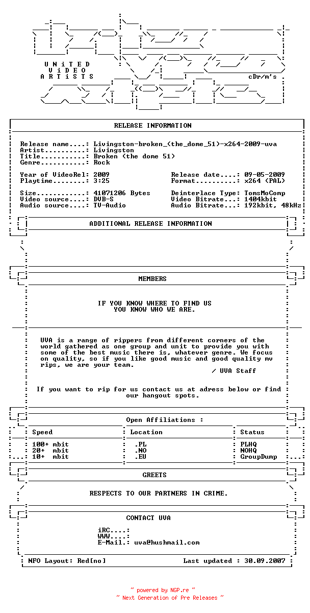NFO for the release Livingston-broken_(the_dome_51)-x264-2009-uva by uva