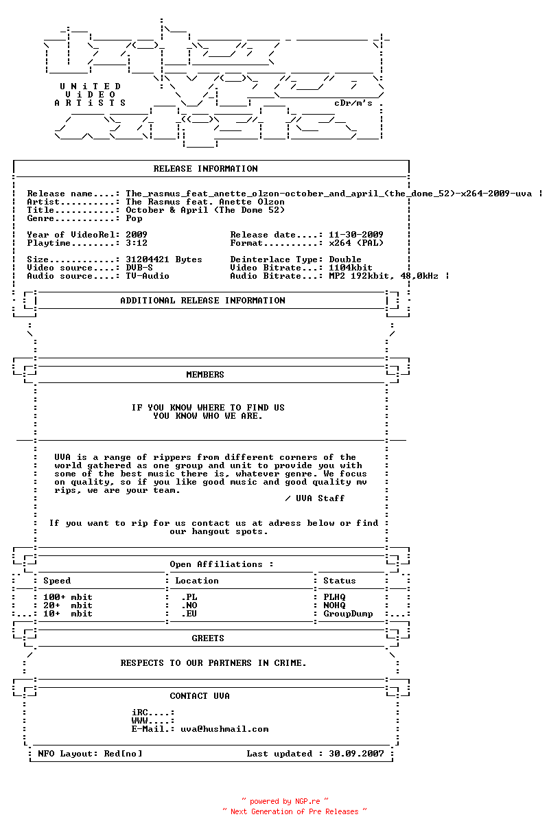 NFO for the release The_rasmus_feat_anette_olzon-october_and_april_(the_dome_52)-x264-2009-uva by uva