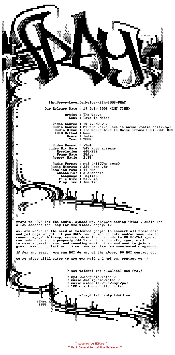 NFO for the release The_Verve-Love_Is_Noise-x264-2008-FRAY by FRAY