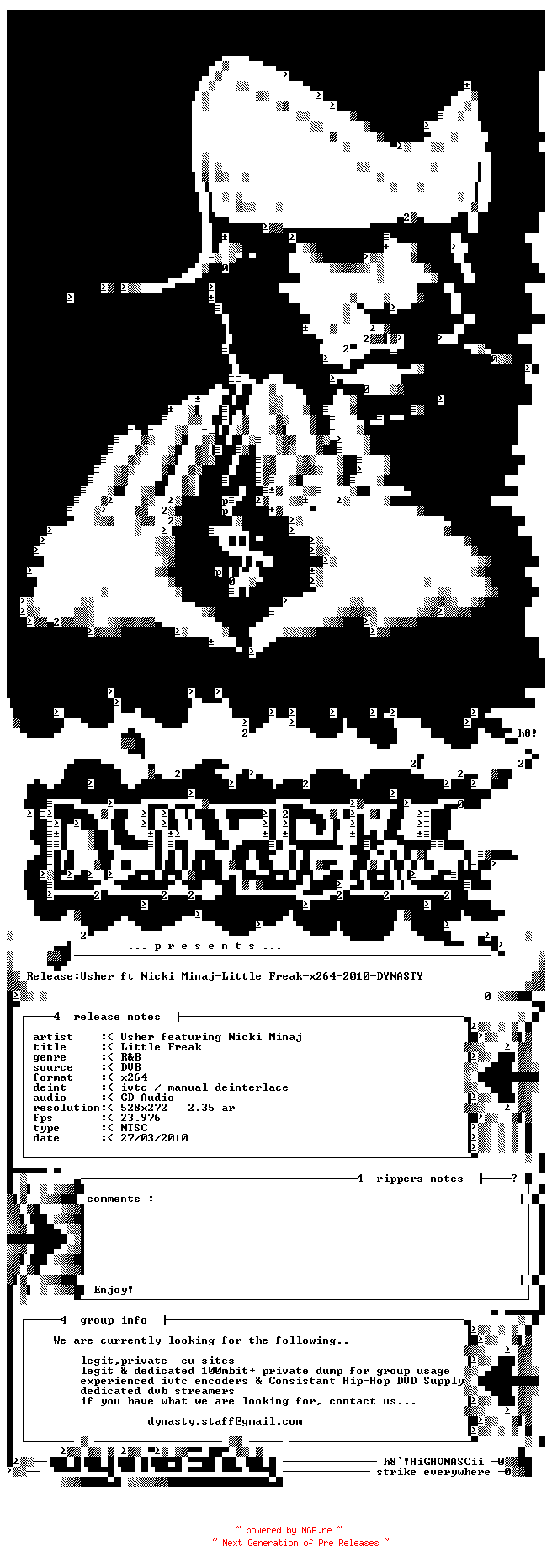 NFO for the release Usher_ft_Nicki_Minaj-Little_Freak-x264-2010-DYNASTY by DYNASTY