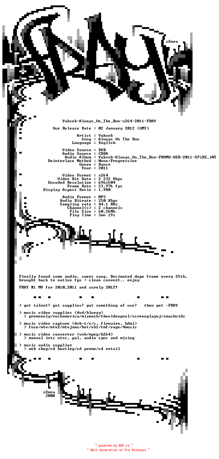 NFO for the release Yuksek-Always_On_The_Run-x264-2011-FRAY by FRAY