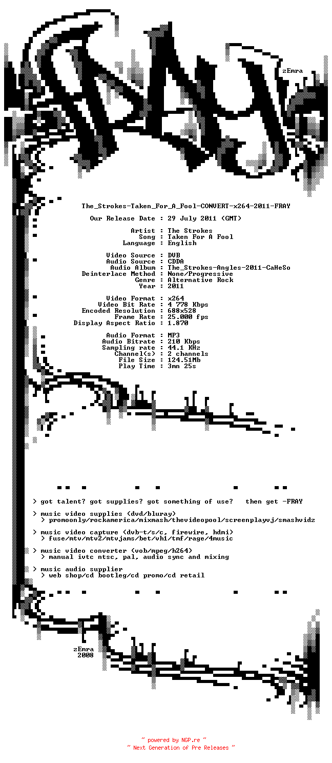 NFO for the release The_Strokes-Taken_For_A_Fool-CONVERT-x264-2011-FRAY by FRAY