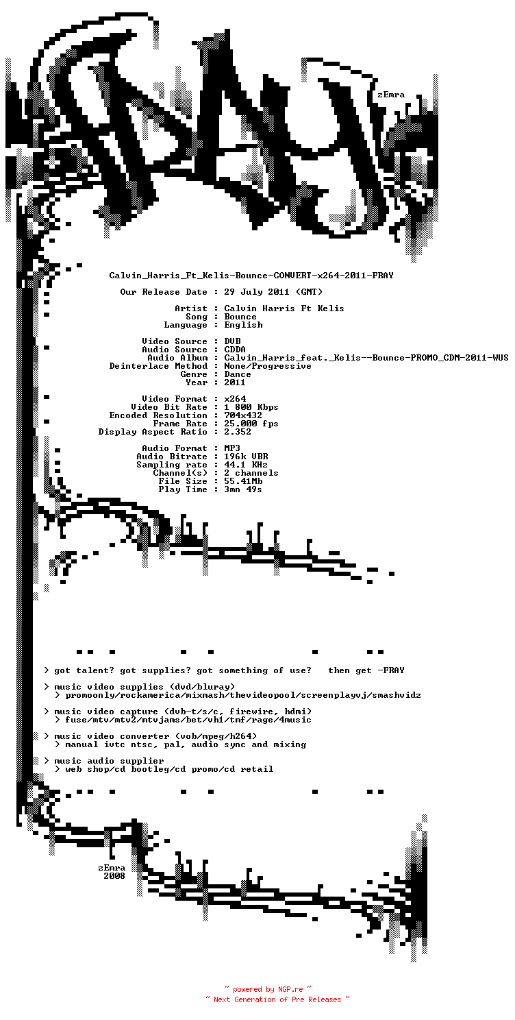 NFO for the release Calvin_Harris_Ft_Kelis-Bounce-CONVERT-x264-2011-FRAY by FRAY