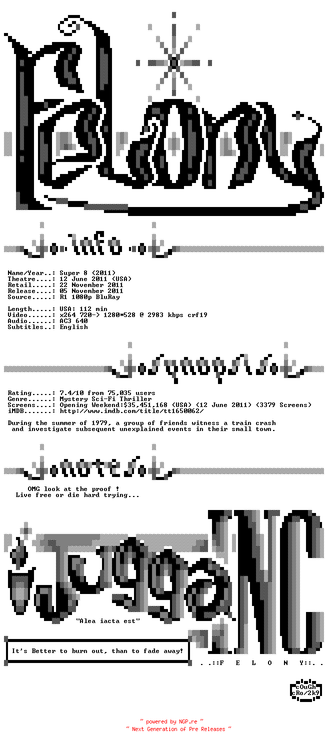 NFO for the release Super.8.2011.INTERNAL.720p.BluRay.x264-Felony by Felony