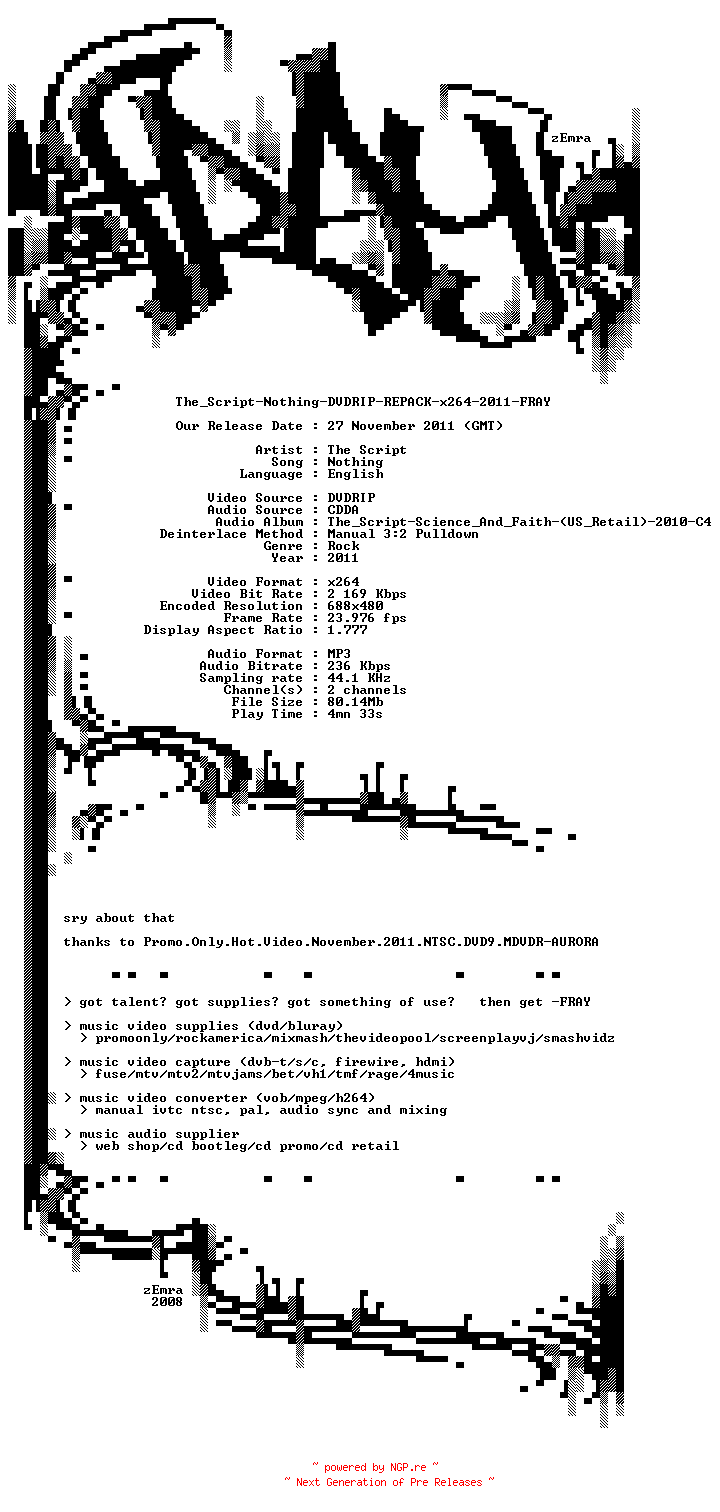 NFO for the release The_Script-Nothing-DVDRIP-REPACK-x264-2011-FRAY by FRAY