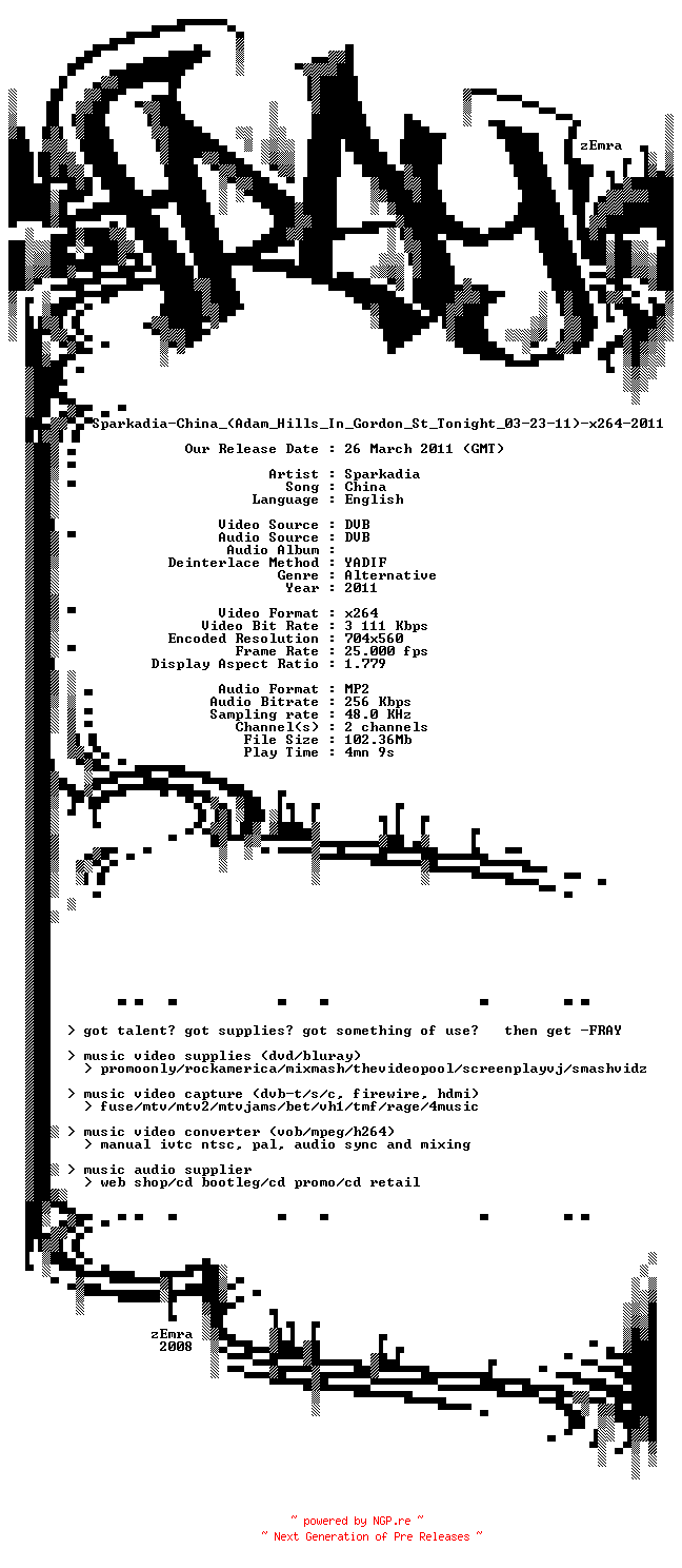 NFO for the release Sparkadia-China_(Adam_Hills_In_Gordon_St_Tonight_03-23-11)-x264-2011-FRAY by FRAY