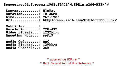 NFO for the release Sequestro.Di.Persona.1968.iTALiAN.BDRip.x264-HEEHAW by HEEHAW