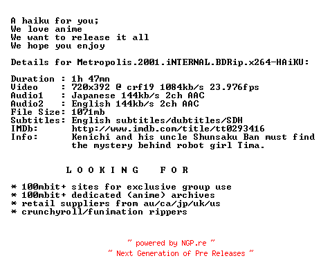 NFO for the release Metropolis.2001.iNTERNAL.BDRip.x264-HAiKU by HAiKU