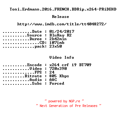 NFO for the release Toni.Erdmann.2016.FRENCH.BDRip.x264-PRiDEHD by PRiDEHD
